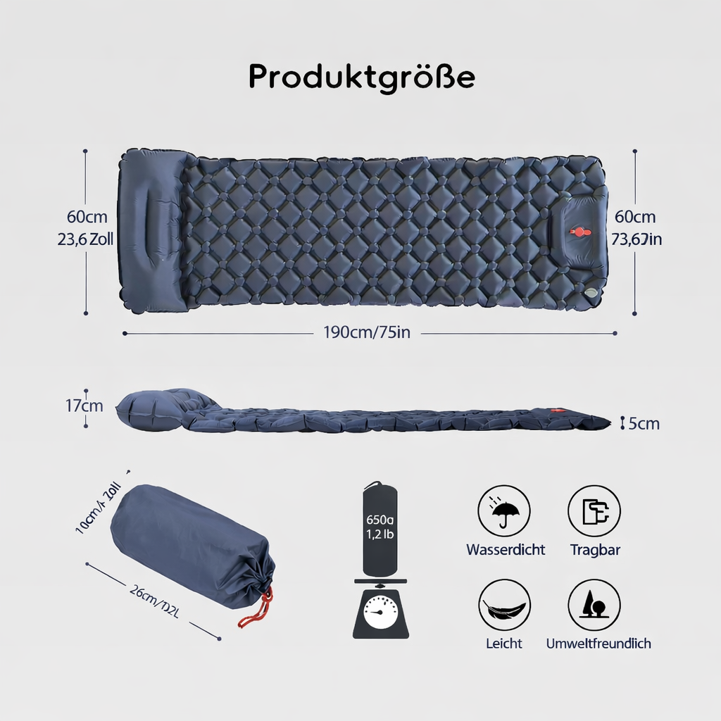 Selbstaufblasende Campingmatte mit Kissen – Ultraleichte Isomatte für Outdoor & Wandern